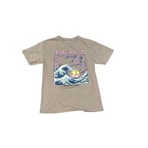 Graphic Tee with Wave and Cherry Blossom Design